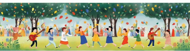 横板儿童节六一户外草地树林孩子们乐器演奏音乐欢乐派对插画背景,插画/手绘图,插画/手绘图库,插画/手绘图下载,插画/手绘